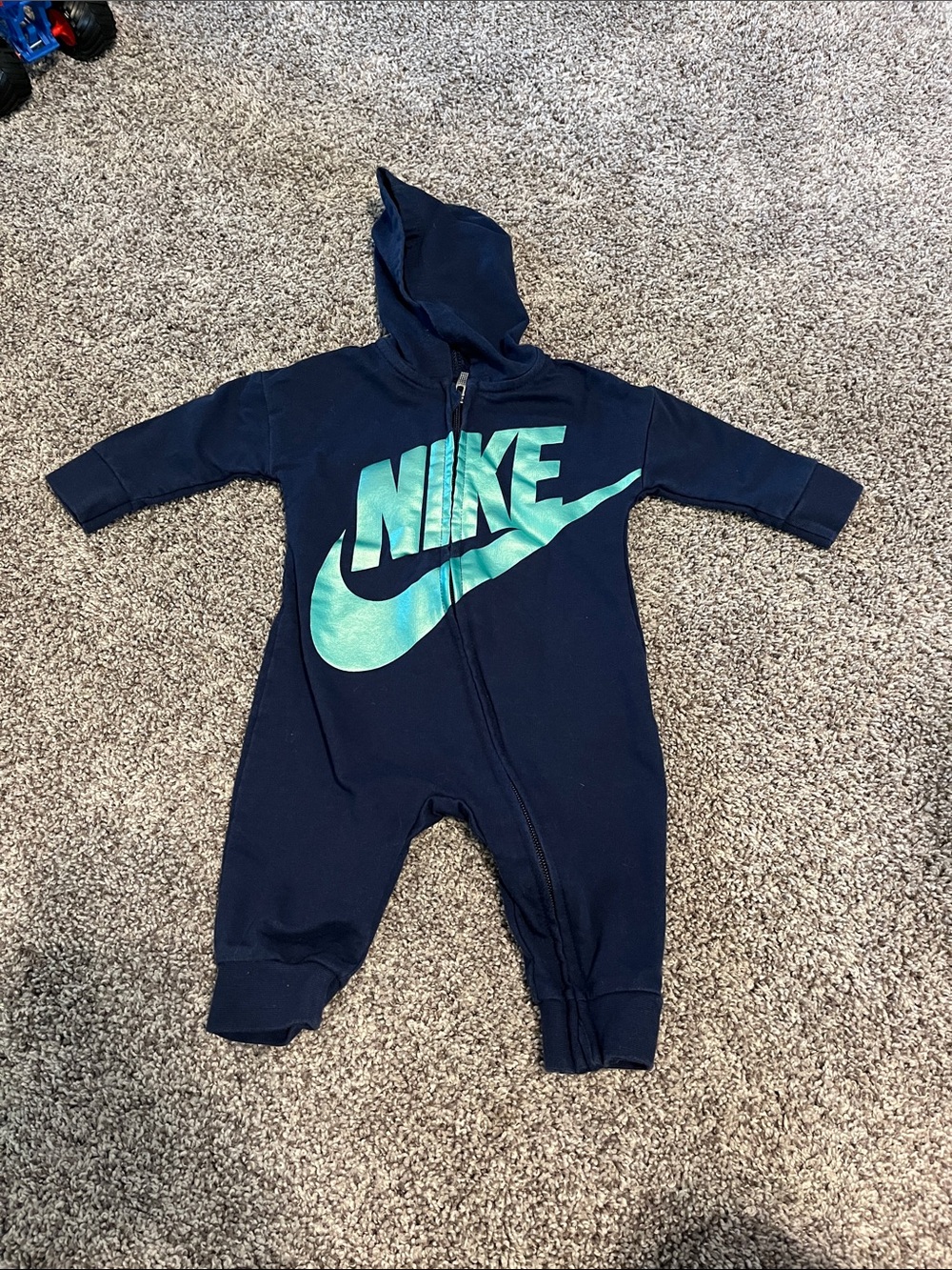 Nike Navy Hooded Baby One-Piece with Mint Green Logo